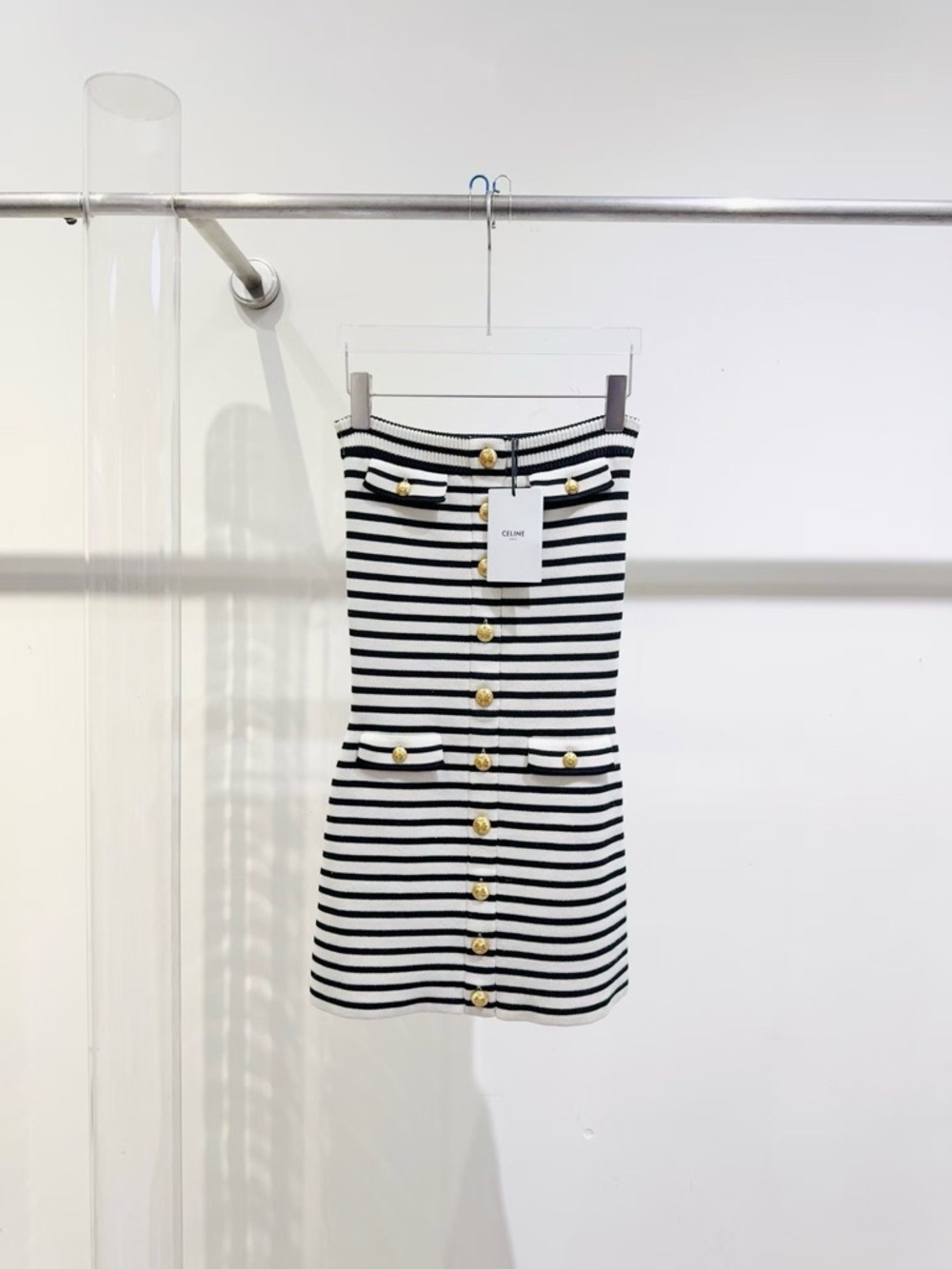 π©steal Celine Black and White Striped Knit Top with Gold Button